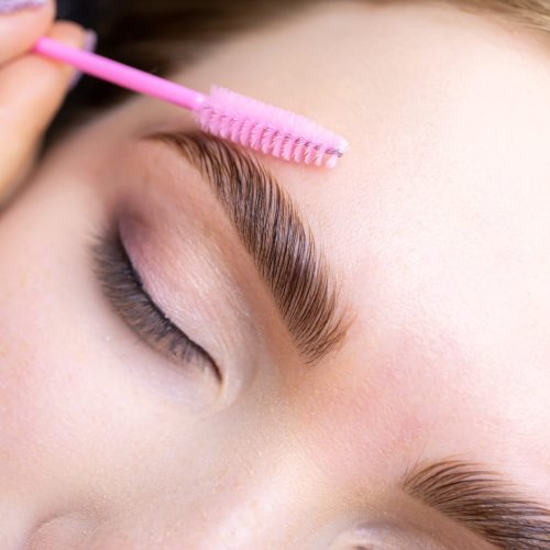 macro photography of the model's hairs the master combs the eyebrow hairs with a pink brush after the procedure long-term styling and lamination